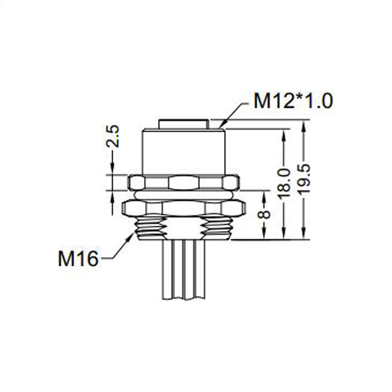 M12 3pins A code female straight rear panel mount connector M16 thread,unshielded,single wires,brass with nickel plated shell
